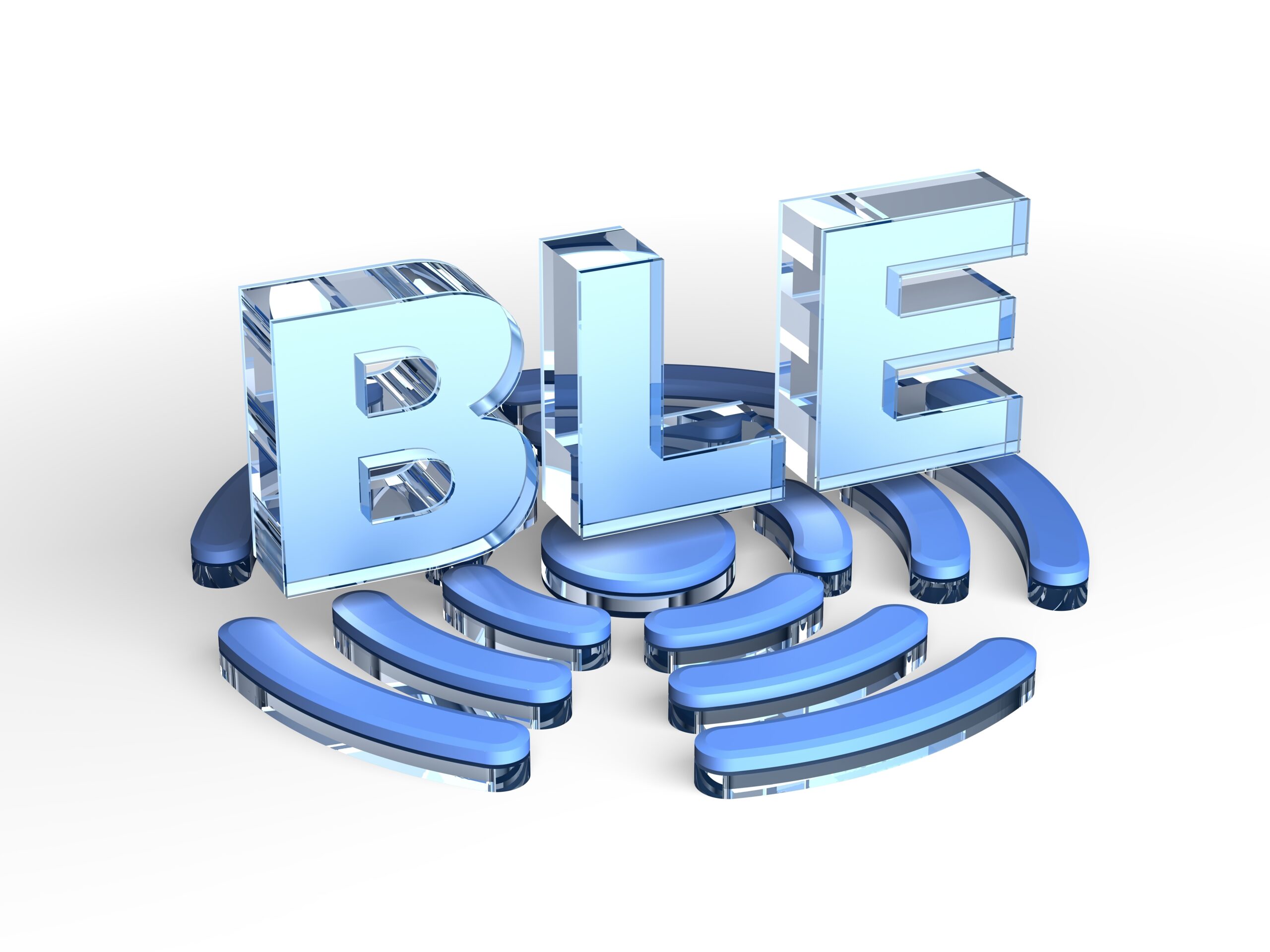 3D illustration of the acronym "BLE" (Bluetooth Low Energy) in metallic blue letters, positioned above stylized wireless signal waves, representing BLE technology for efficient wireless communication.