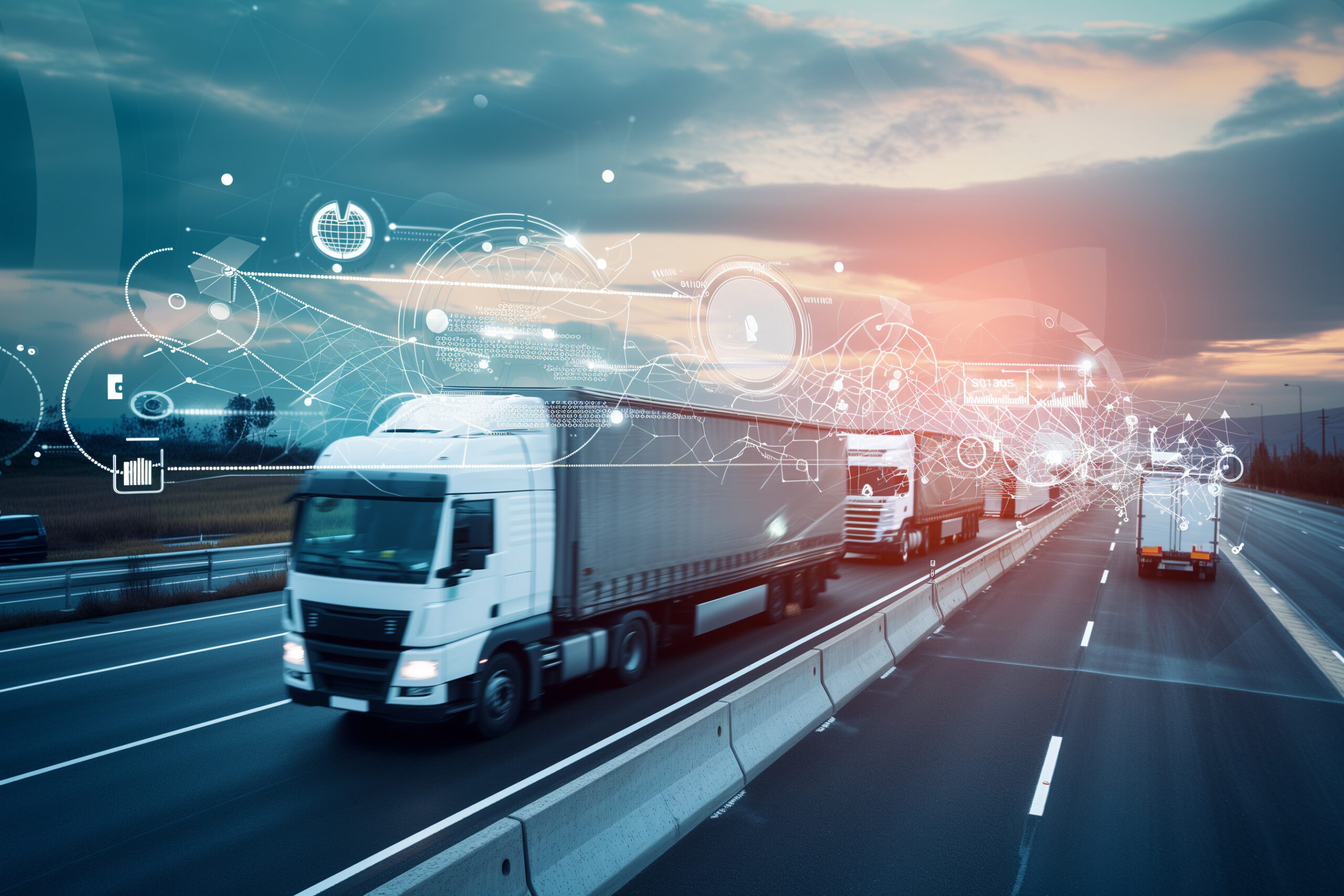 Image of trucks driving on a highway at sunset, with digital overlay graphics representing logistics and transportation technology, highlighting advancements in fleet management and connected vehicle systems.
