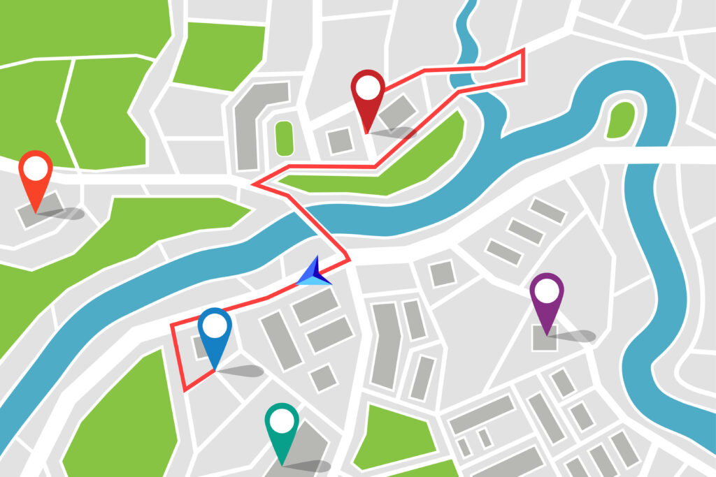 Illustration of a city map with various location markers and a navigation route highlighted in red, representing GPS navigation and route planning.