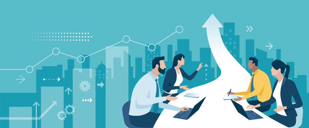 Illustration of a business team collaborating with laptops and charts in a modern cityscape background, representing growth, strategy, and upward progress in a professional environment.