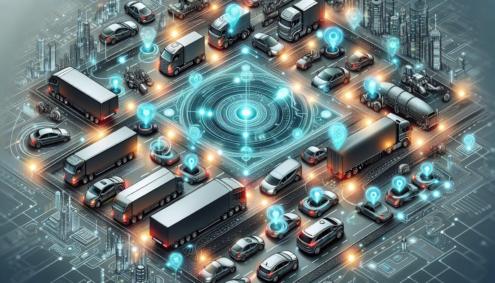 Illustration of a connected fleet management system using GPS asset trackers, featuring various vehicles and real-time location data points in a digital urban environment.