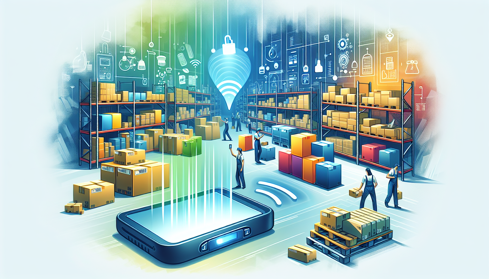 Illustration of a warehouse using RFID and RTLS technologies for real-time inventory management, showing workers and scanning devices tracking goods efficiently.