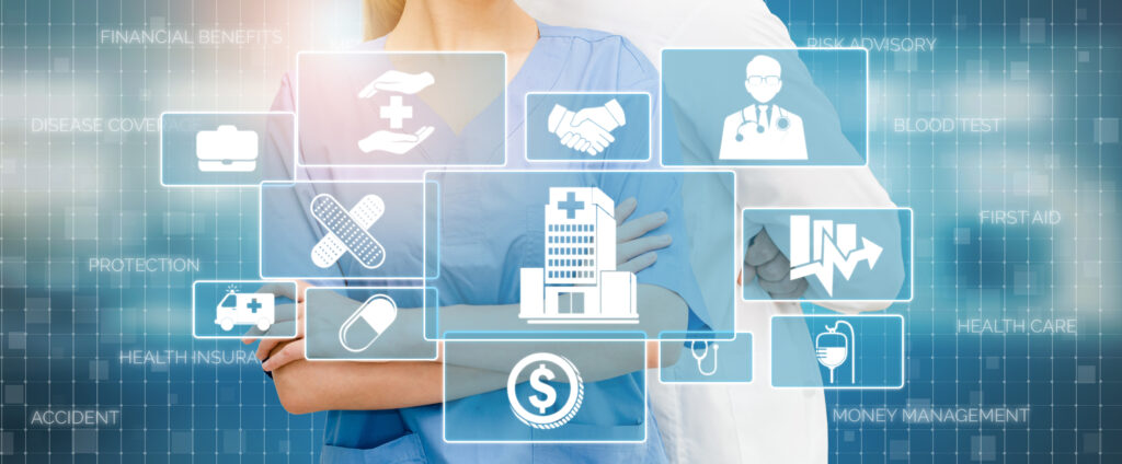 Healthcare professionals with overlaying digital icons representing healthcare services such as health insurance, protection, financial benefits, and medical care.