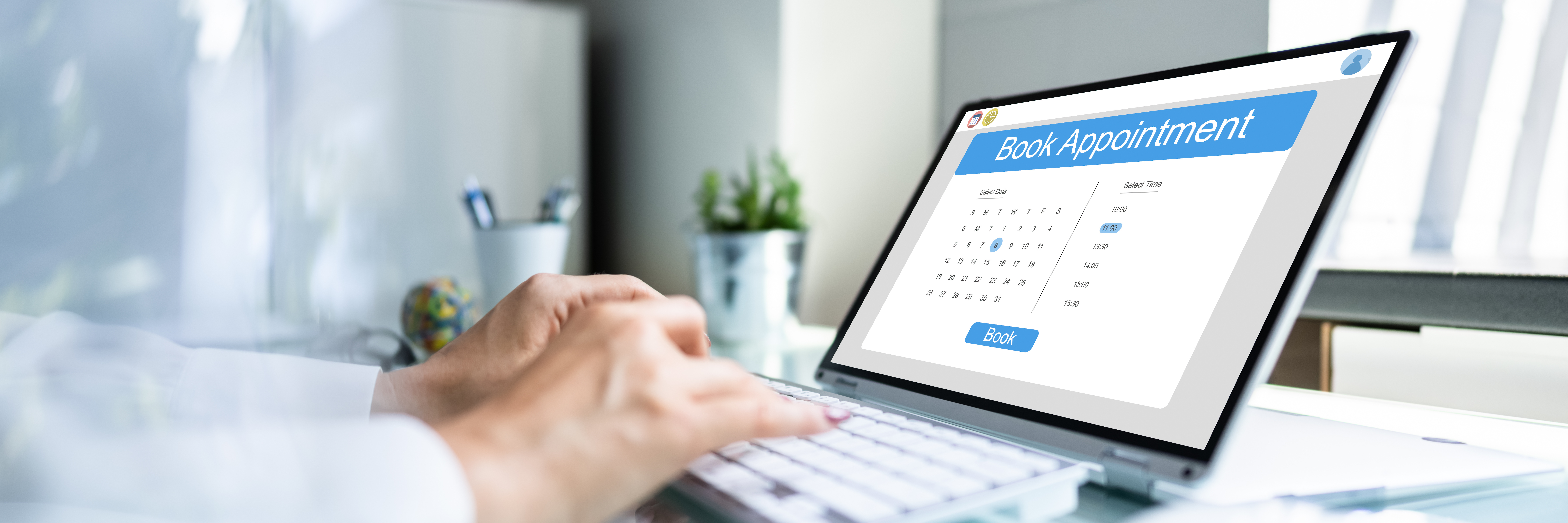 Person booking an appointment online through a digital calendar interface on a laptop, representing the convenience and efficiency of digital scheduling tools.