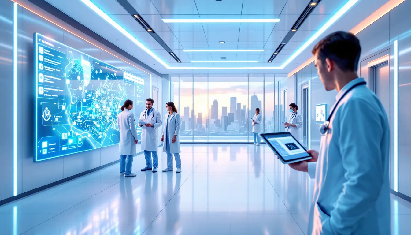 Healthcare professionals in a futuristic hospital hallway, using digital devices and analyzing data on a large interactive screen, with a city skyline in the background.