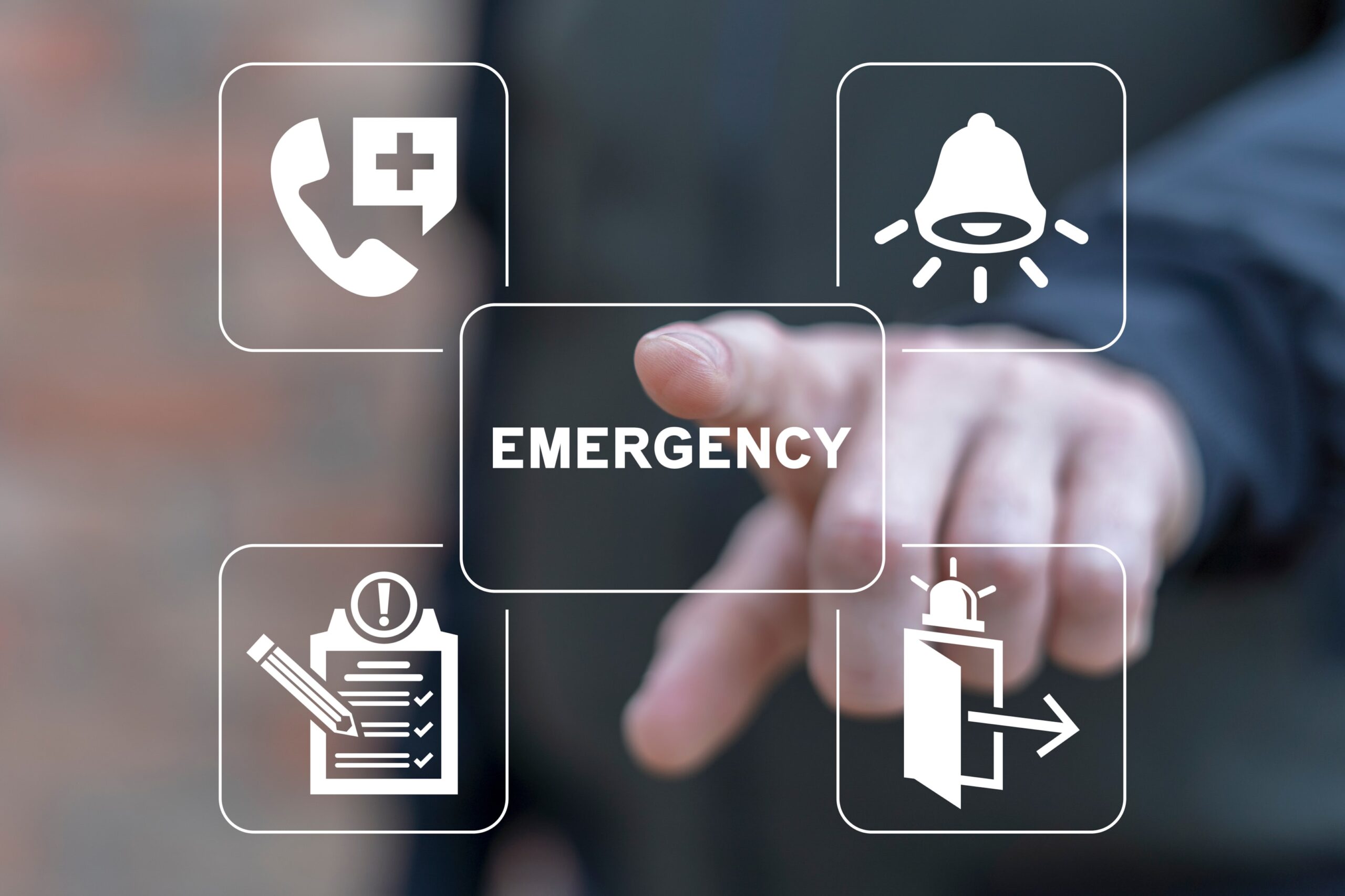 Emergency response concept image showing icons for medical assistance, alarm notifications, emergency checklist, and evacuation route with a person pointing to the word 'EMERGENCY' in the center.